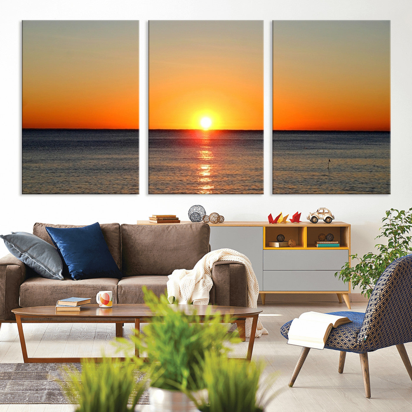 54676-MGV-CV-60X30-3P-Golden Horizon Sunset Over Ocean Wall Art Canvas Print – Tropical Beach Canvas Wall Art – Giclee