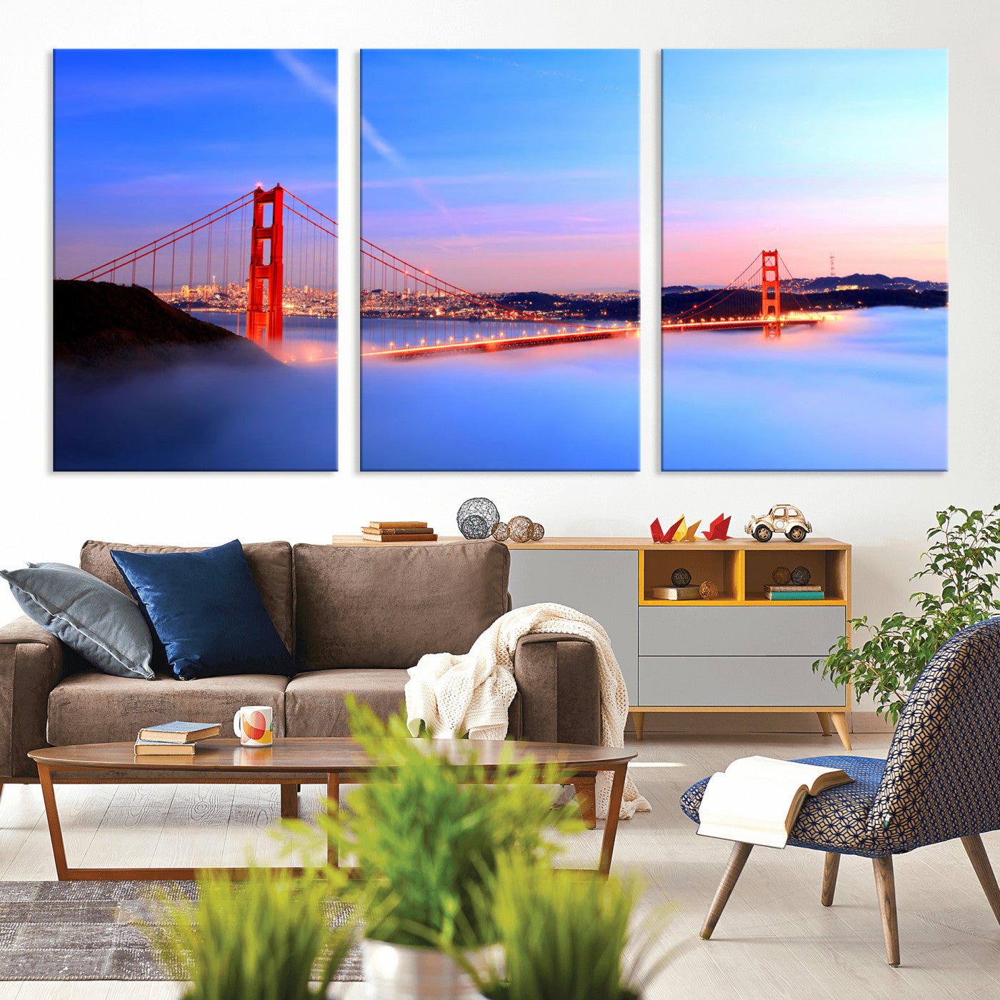 MGV-CV-60X30-3P - Golden Gate Bridge Wall Art Print, San Francisco Sunset Canvas Wall Art, Cityscape Canvas Print for
