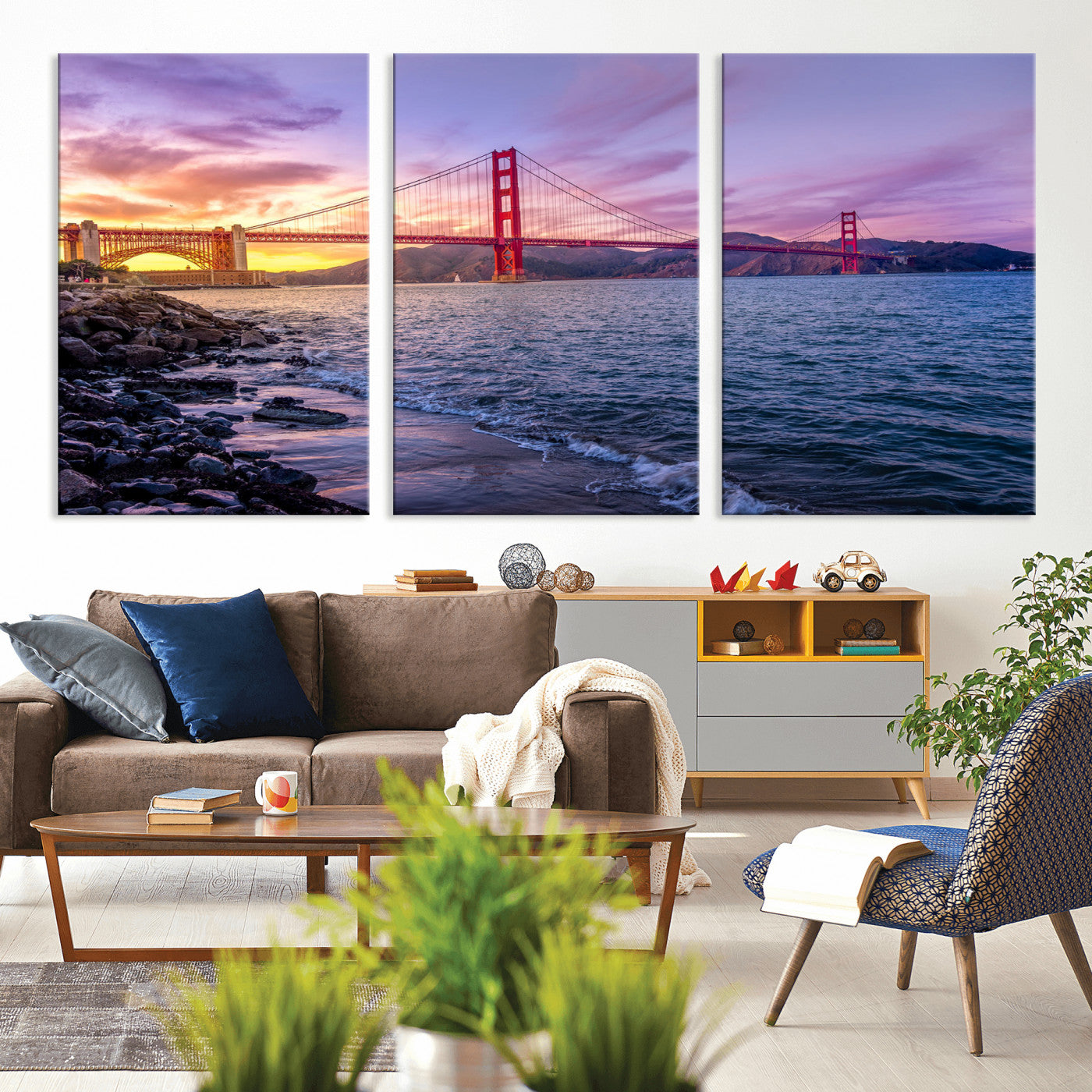 24256-MGV-CV-36X24 - Golden Gate Bridge Wall Art Print, San Francisco Sunset Canvas Wall Art, Cityscape Canvas Print for