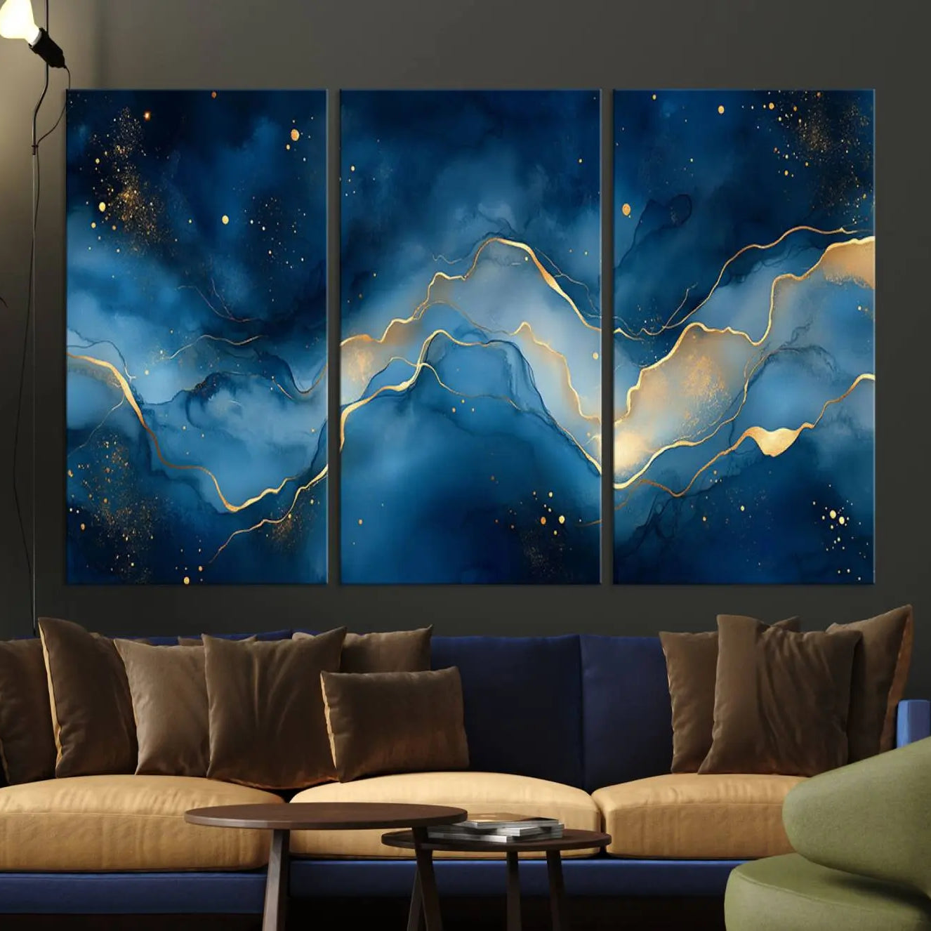 16173-MGV-CV-36X24-Abstract Blue Gold Wall Art Canvas Print – Modern Fluid Design Elegant Minimalist Artwork for Home, Office Decor