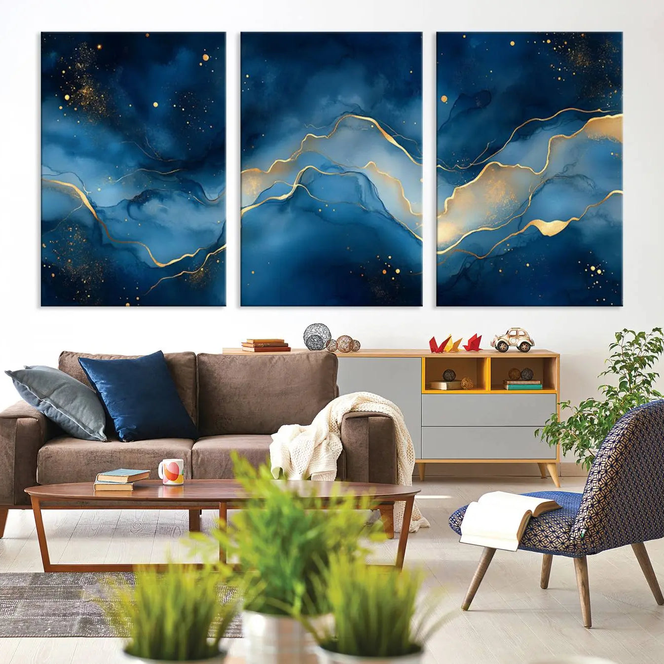 16173-MGV-CV-36X24-Abstract Blue Gold Wall Art Canvas Print – Modern Fluid Design Elegant Minimalist Artwork for Home, Office Decor