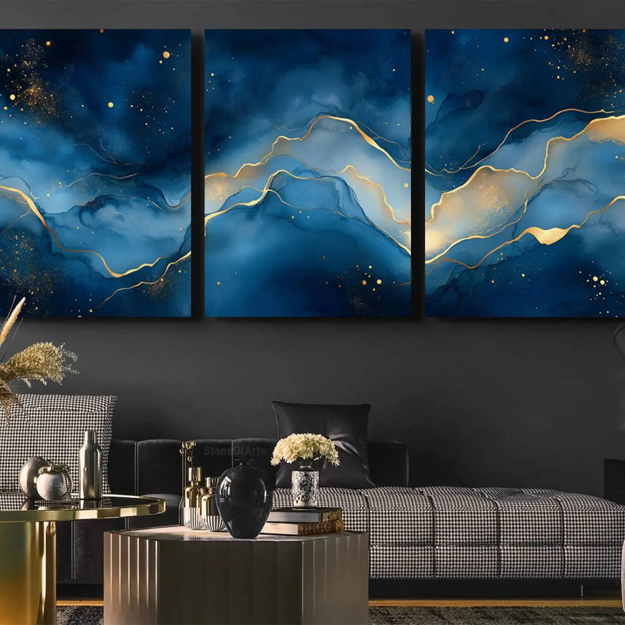 16173-MGV-CV-36X24-Abstract Blue Gold Wall Art Canvas Print – Modern Fluid Design Elegant Minimalist Artwork for Home, Office Decor