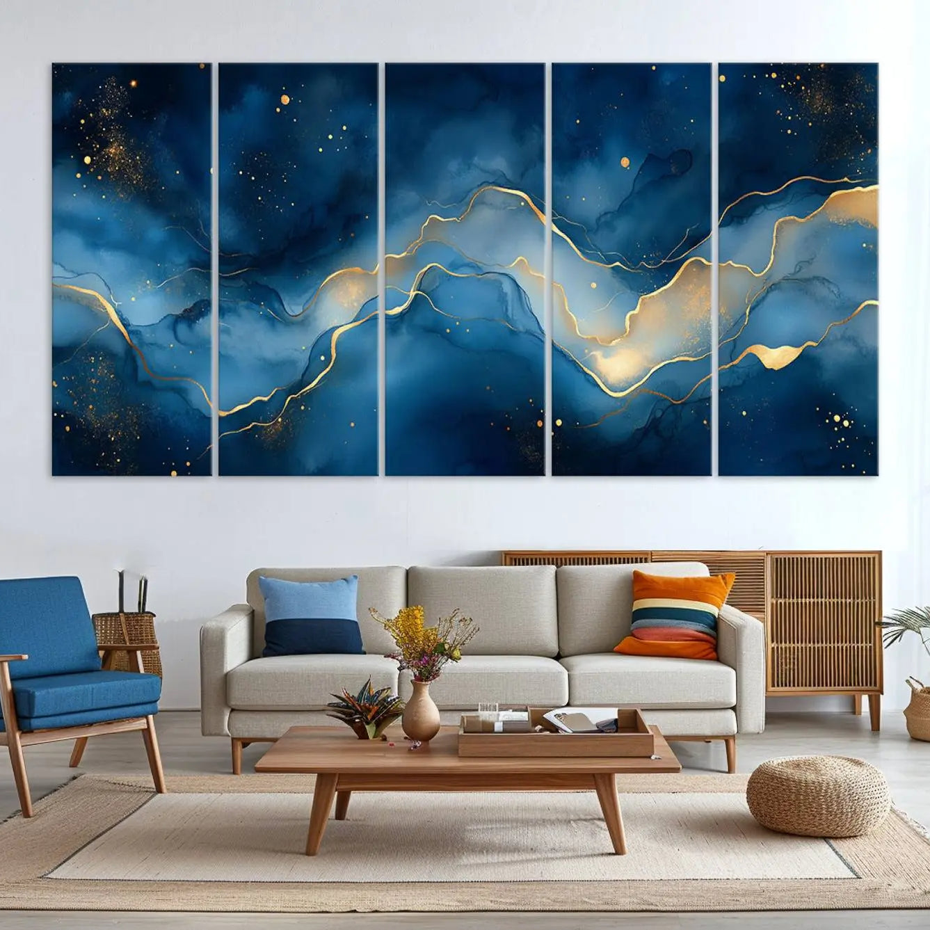 16173-MGV-CV-36X24-Abstract Blue Gold Wall Art Canvas Print – Modern Fluid Design Elegant Minimalist Artwork for Home, Office Decor