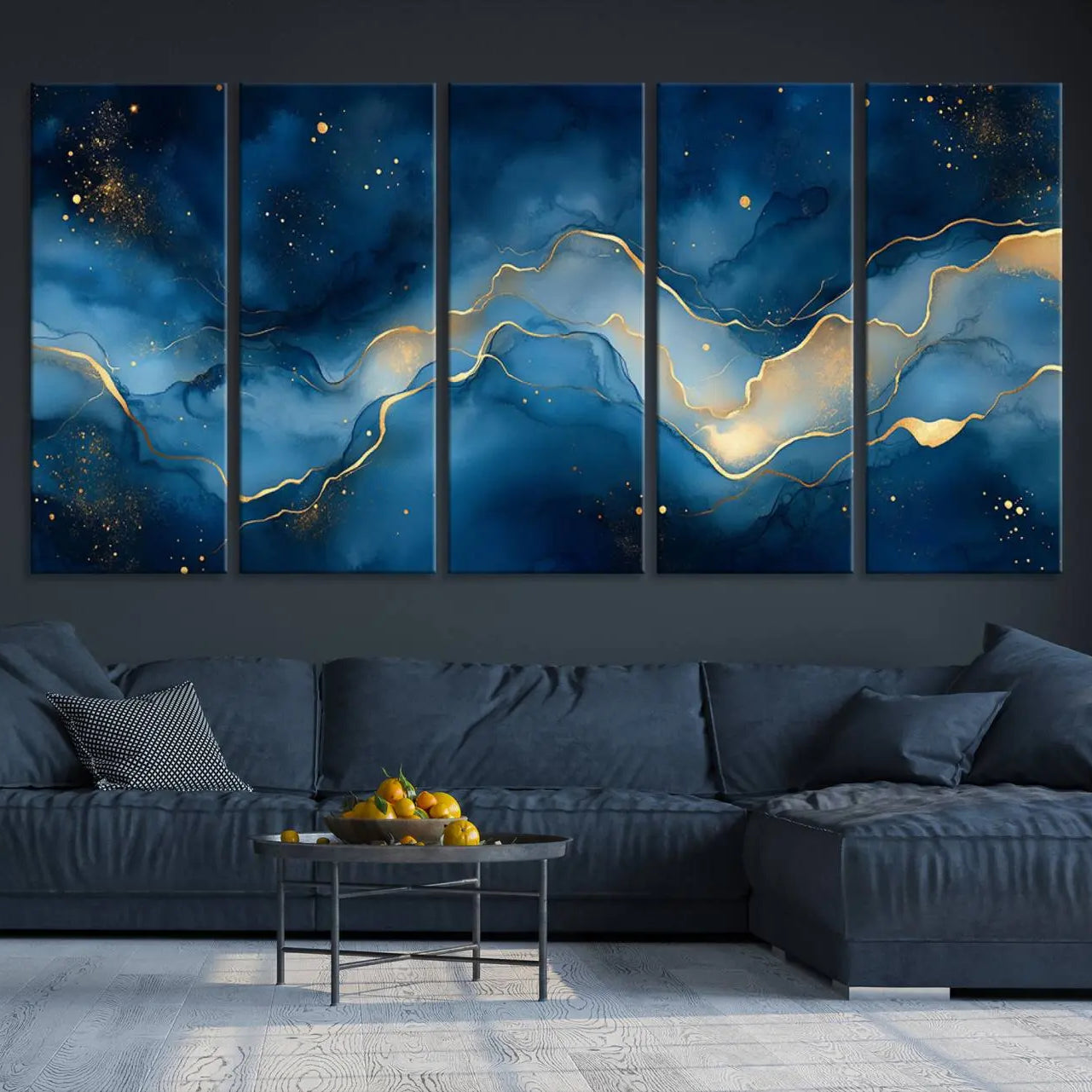 16173-MGV-CV-36X24-Abstract Blue Gold Wall Art Canvas Print – Modern Fluid Design Elegant Minimalist Artwork for Home, Office Decor