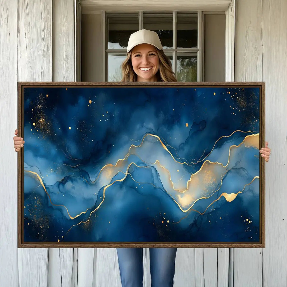 16173-MGV-CV-36X24-Abstract Blue Gold Wall Art Canvas Print – Modern Fluid Design Elegant Minimalist Artwork for Home, Office Decor