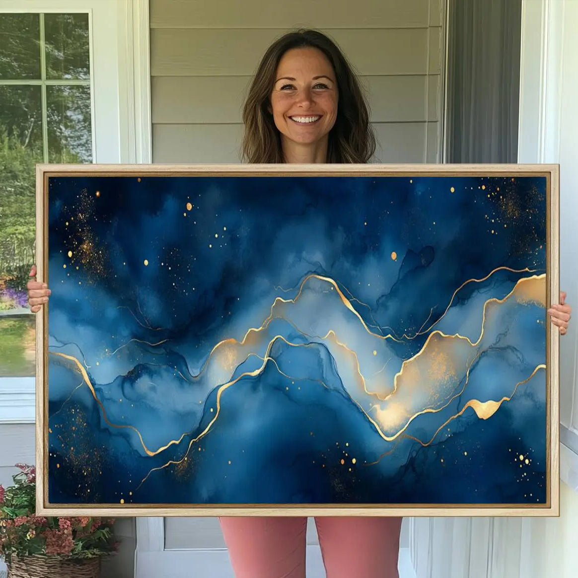 16173-MGV-CV-36X24-Abstract Blue Gold Wall Art Canvas Print – Modern Fluid Design Elegant Minimalist Artwork for Home, Office Decor