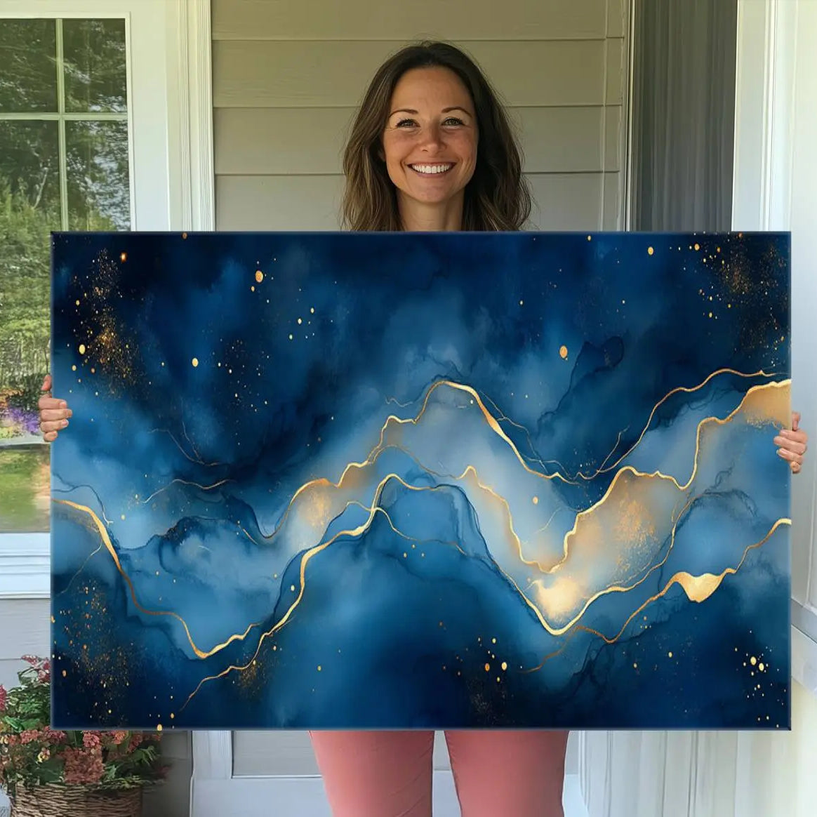 16173-MGV-CV-36X24-Abstract Blue Gold Wall Art Canvas Print – Modern Fluid Design Elegant Minimalist Artwork for Home, Office Decor