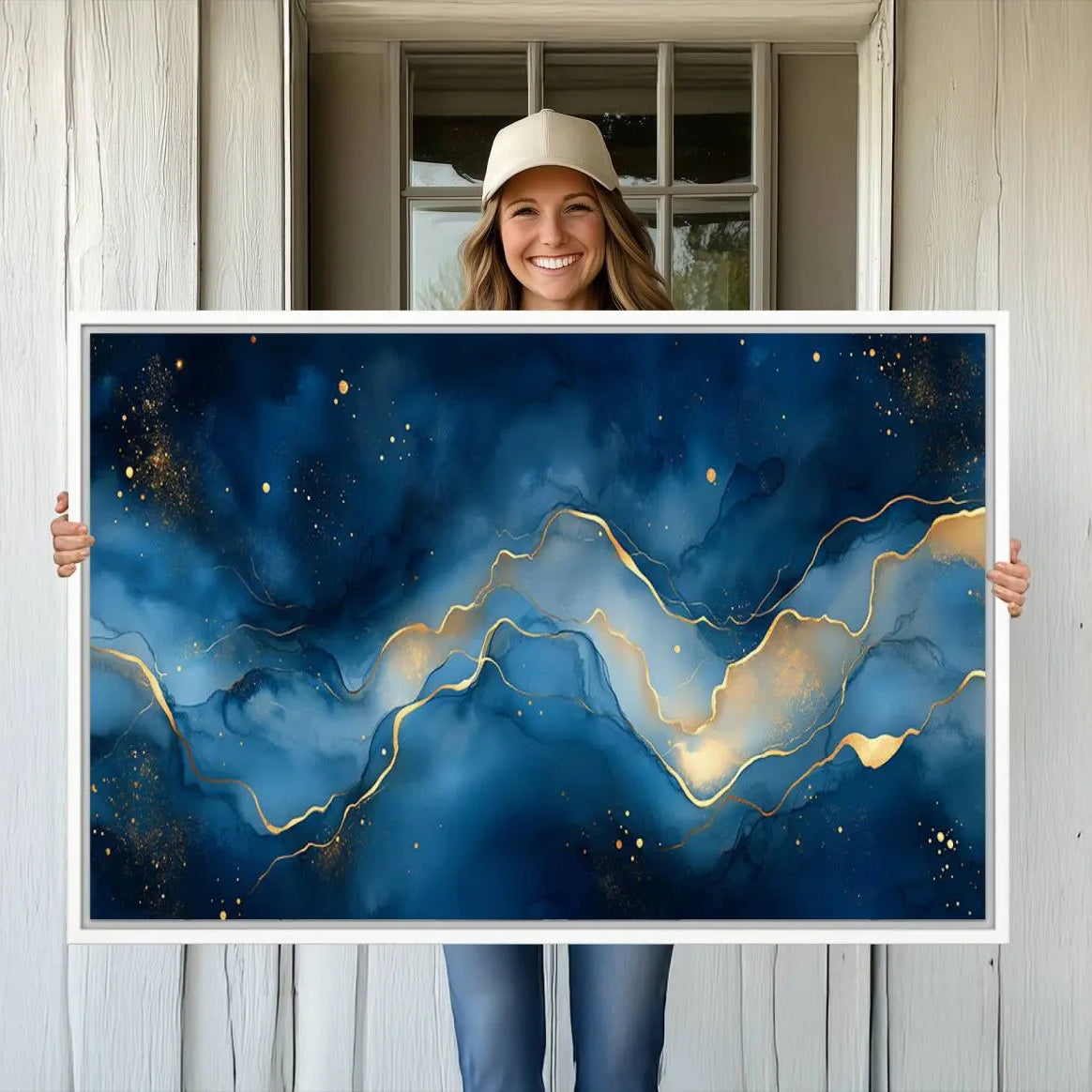 16173-MGV-CV-36X24-Abstract Blue Gold Wall Art Canvas Print – Modern Fluid Design Elegant Minimalist Artwork for Home, Office Decor