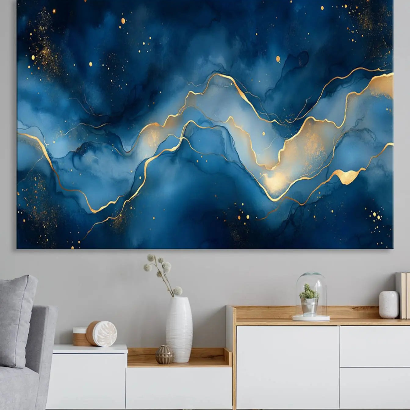 16173-MGV-CV-36X24-Abstract Blue Gold Wall Art Canvas Print – Modern Fluid Design Elegant Minimalist Artwork for Home, Office Decor