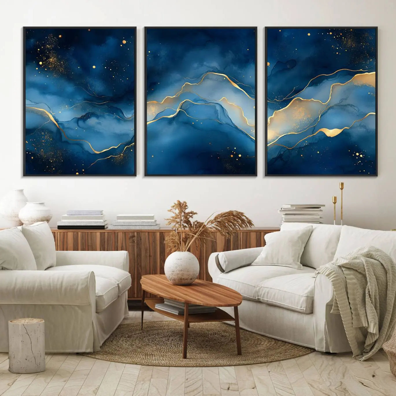 16173-MGV-FC-60X30-3P_Black-Abstract Blue Gold Wall Art Canvas Print – Modern Fluid Design Elegant Minimalist Artwork for Home, Office Decor