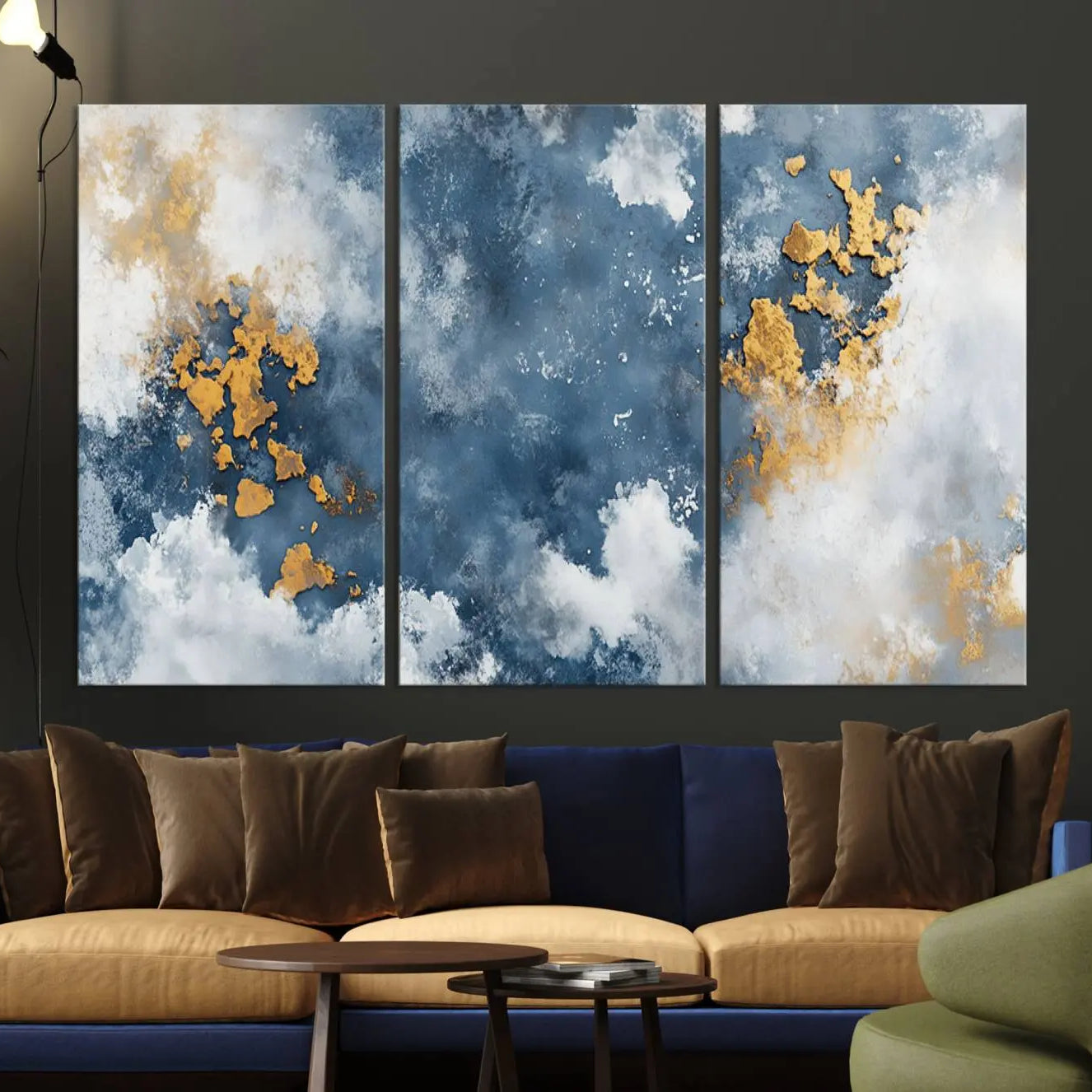 39575-MGV-CV-36X24-Abstract Blue Gold Cloud Wall Art Canvas Print – Framed Modern Elegant Minimalist Artwork for Home, Office Decor