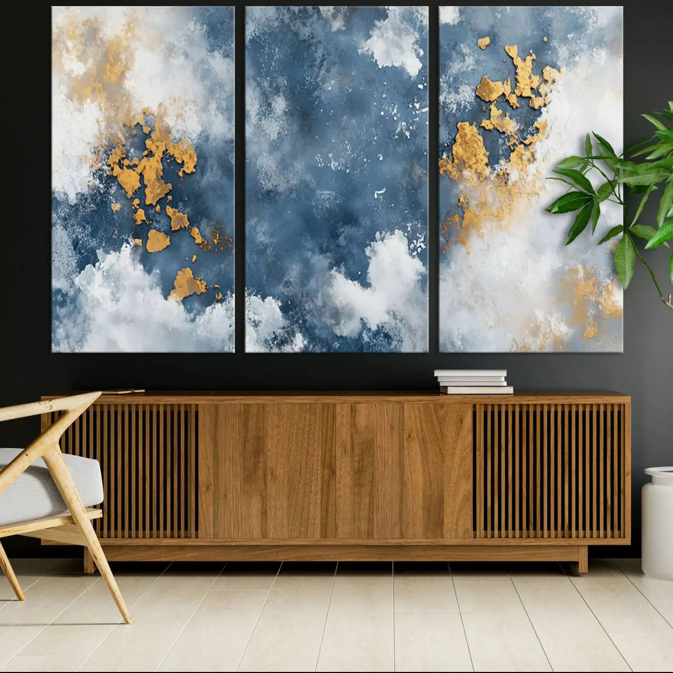 39575-MGV-CV-36X24-Abstract Blue Gold Cloud Wall Art Canvas Print – Framed Modern Elegant Minimalist Artwork for Home, Office Decor