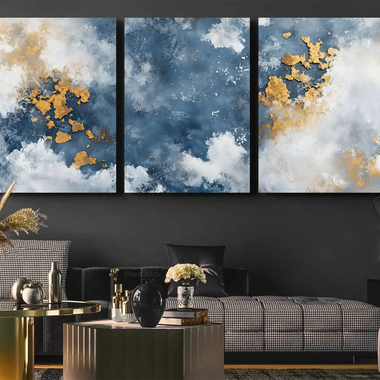 39575-MGV-CV-36X24-Abstract Blue Gold Cloud Wall Art Canvas Print – Framed Modern Elegant Minimalist Artwork for Home, Office Decor