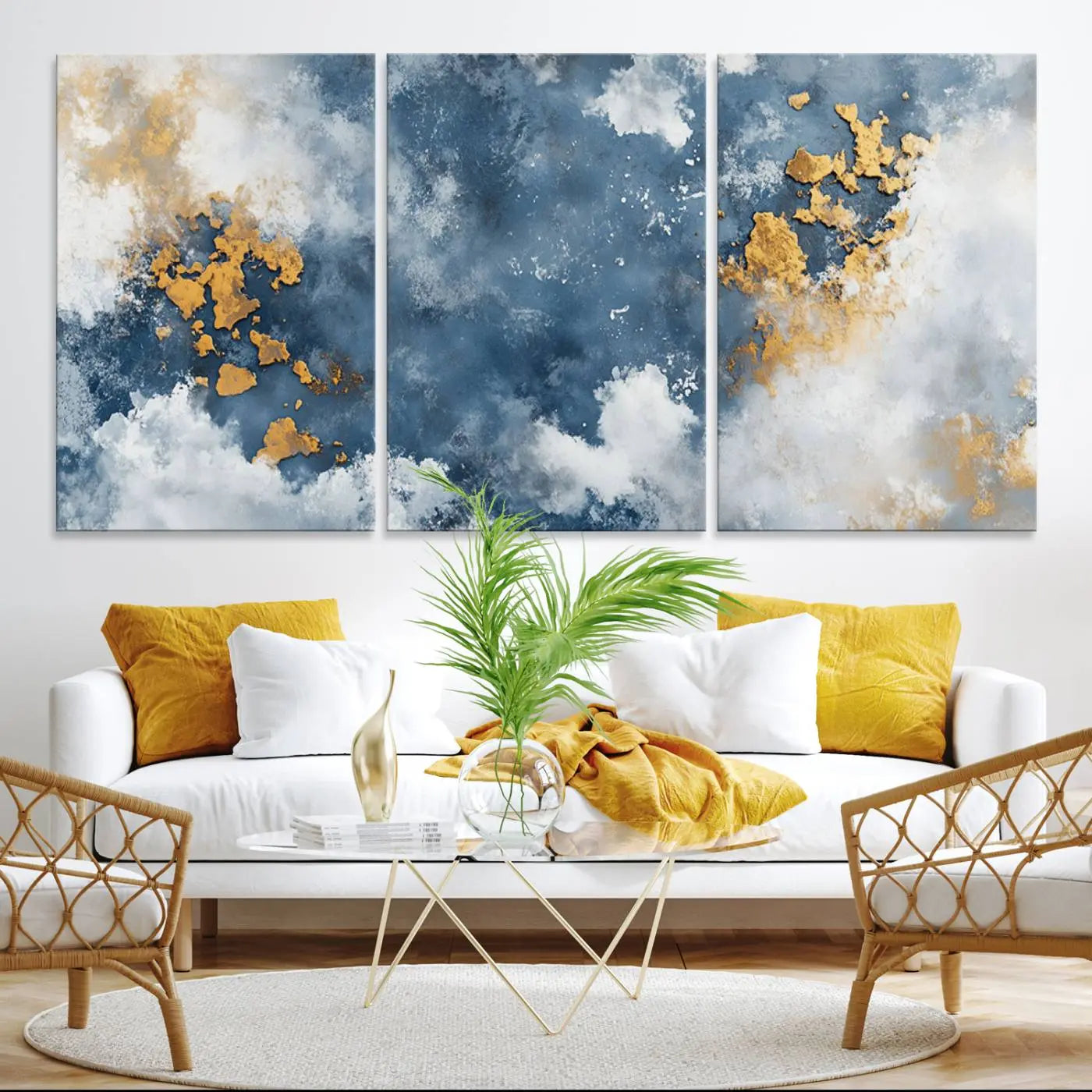39575-MGV-CV-36X24-Abstract Blue and Gold Cloud Canvas Wall Art Print - Framed Modern Painting - Elegant Minimalist