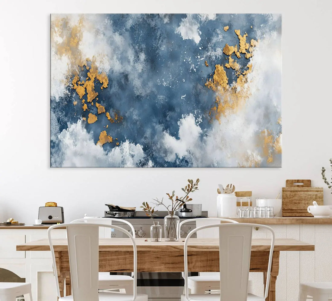 Abstract Blue and Gold Cloud Wall Art Canvas Print, Framed Modern Elegant Minimalist