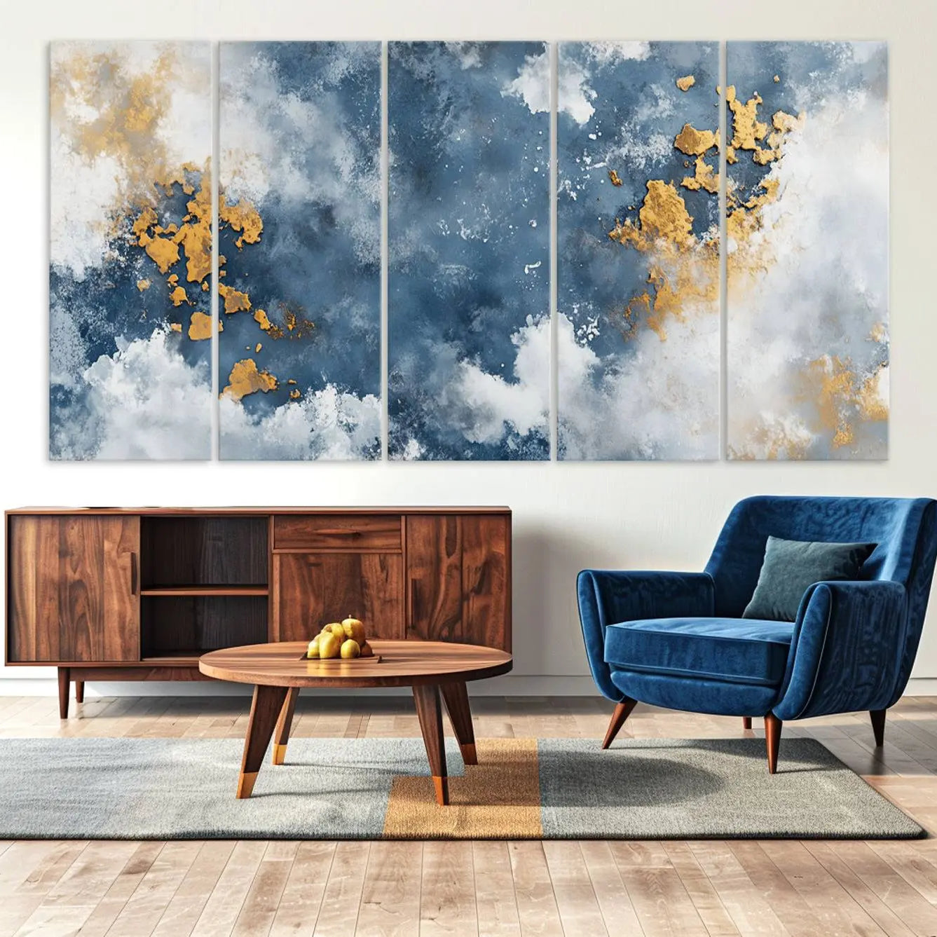 39575-MGV-CV-36X24-Abstract Blue Gold Cloud Wall Art Canvas Print – Framed Modern Elegant Minimalist Artwork for Home, Office Decor