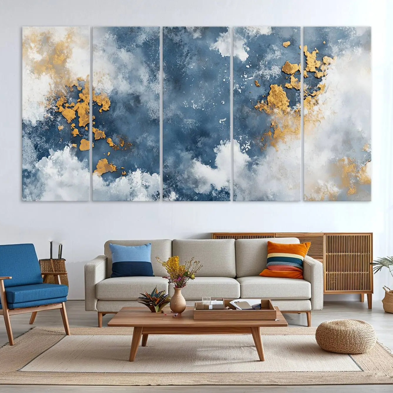 39575-MGV-CV-36X24-Abstract Blue Gold Cloud Wall Art Canvas Print – Framed Modern Elegant Minimalist Artwork for Home, Office Decor