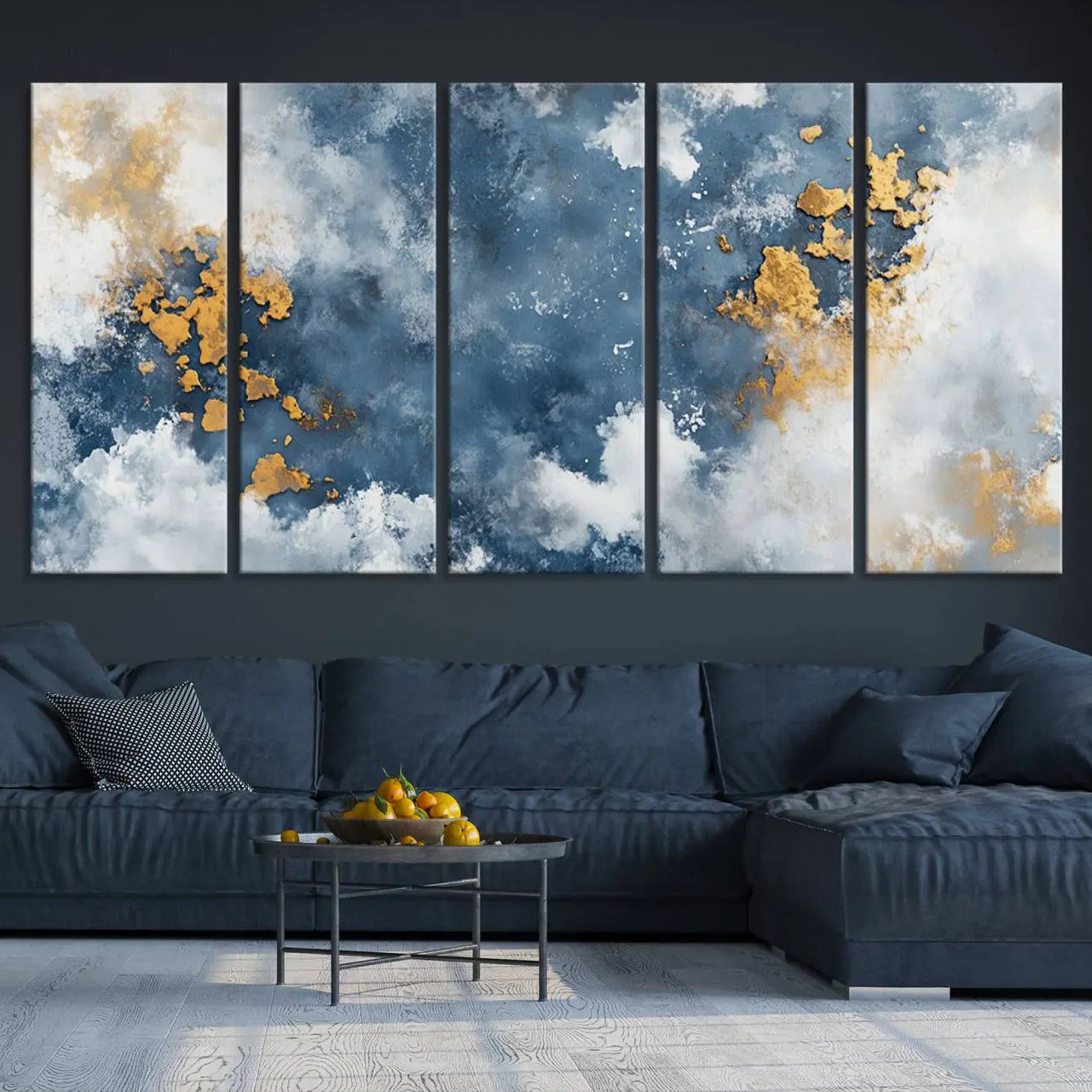 39575-MGV-CV-36X24-Abstract Blue Gold Cloud Wall Art Canvas Print – Framed Modern Elegant Minimalist Artwork for Home, Office Decor