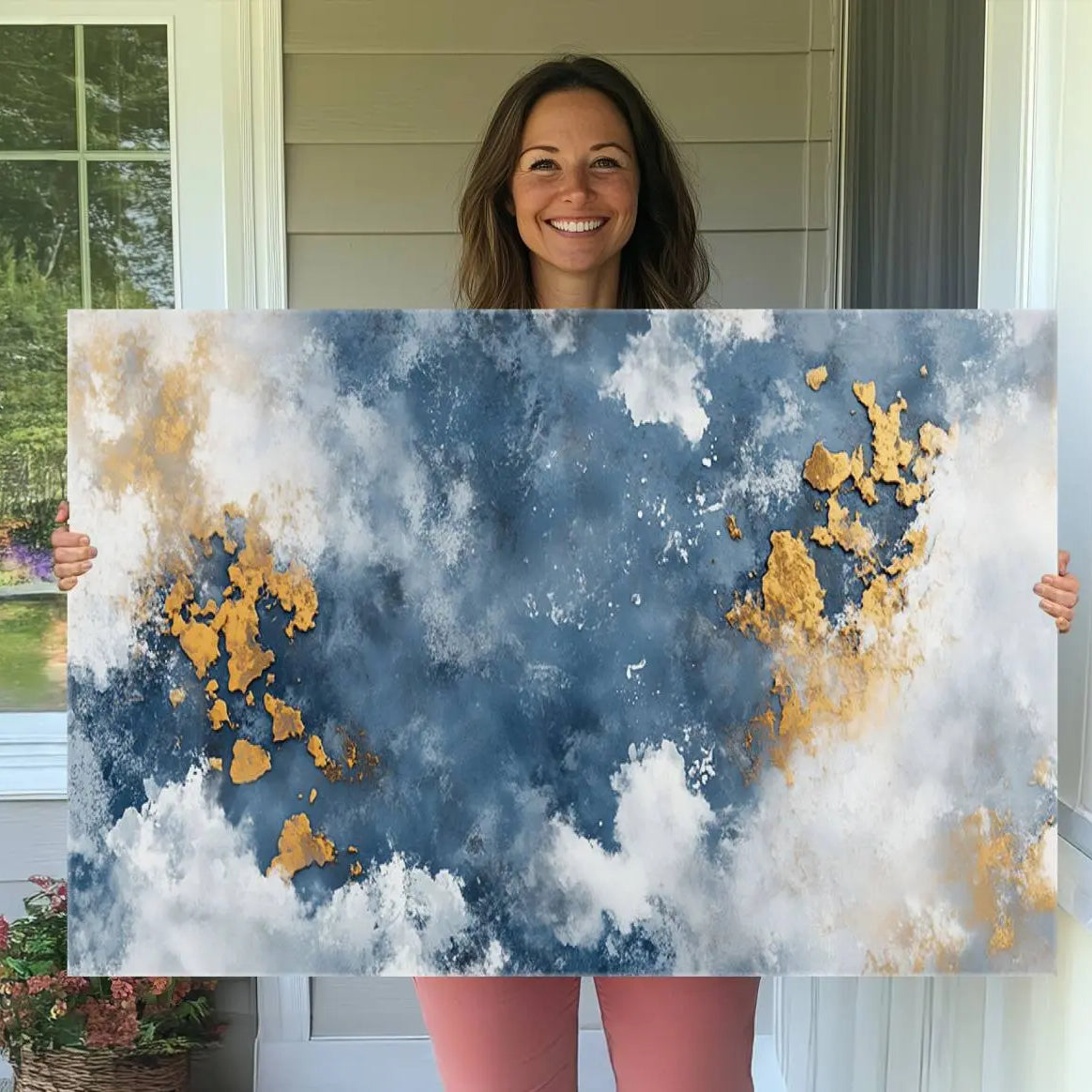 39575-MGV-CV-36X24-Abstract Blue Gold Cloud Wall Art Canvas Print – Framed Modern Elegant Minimalist Artwork for Home, Office Decor