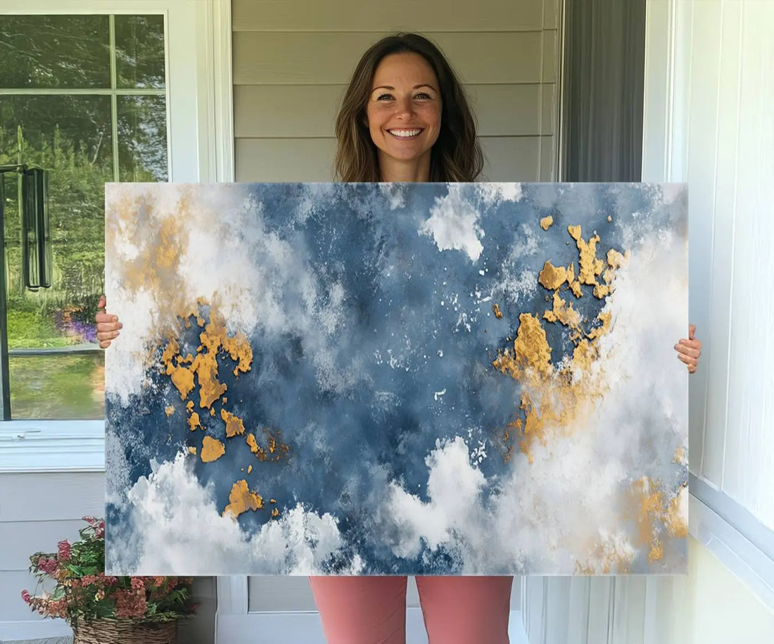 Abstract Blue and Gold Cloud Wall Art Canvas Print, Framed Modern Elegant Minimalist