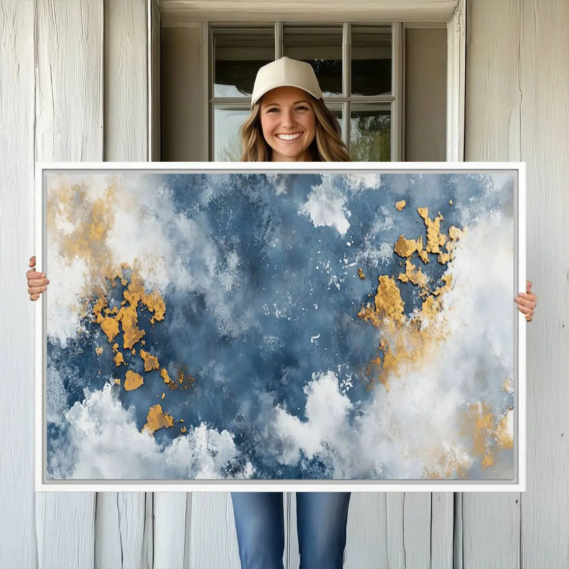 39575-MGV-CV-36X24-Abstract Blue Gold Cloud Wall Art Canvas Print – Framed Modern Elegant Minimalist Artwork for Home, Office Decor