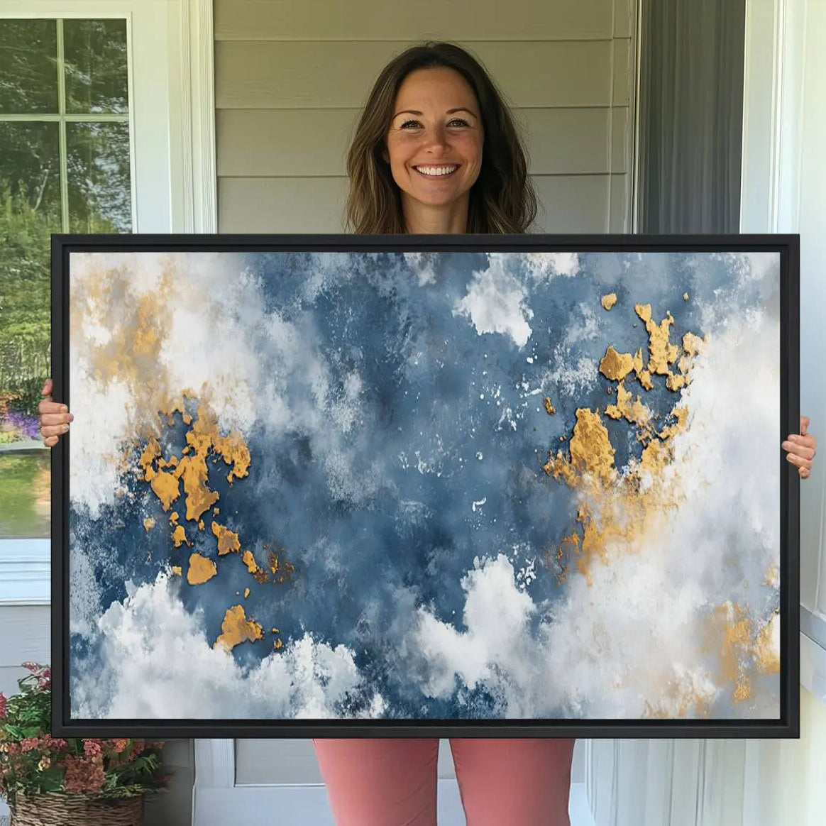 39575-MGV-CV-36X24-Abstract Blue Gold Cloud Wall Art Canvas Print – Framed Modern Elegant Minimalist Artwork for Home, Office Decor