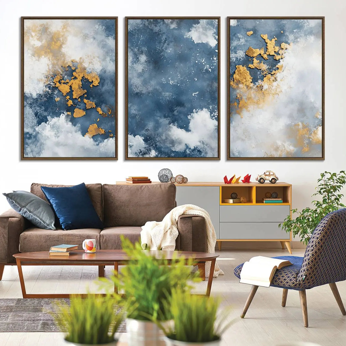 39575-MGV-CV-36X24-Abstract Blue Gold Cloud Wall Art Canvas Print – Framed Modern Elegant Minimalist Artwork for Home, Office Decor