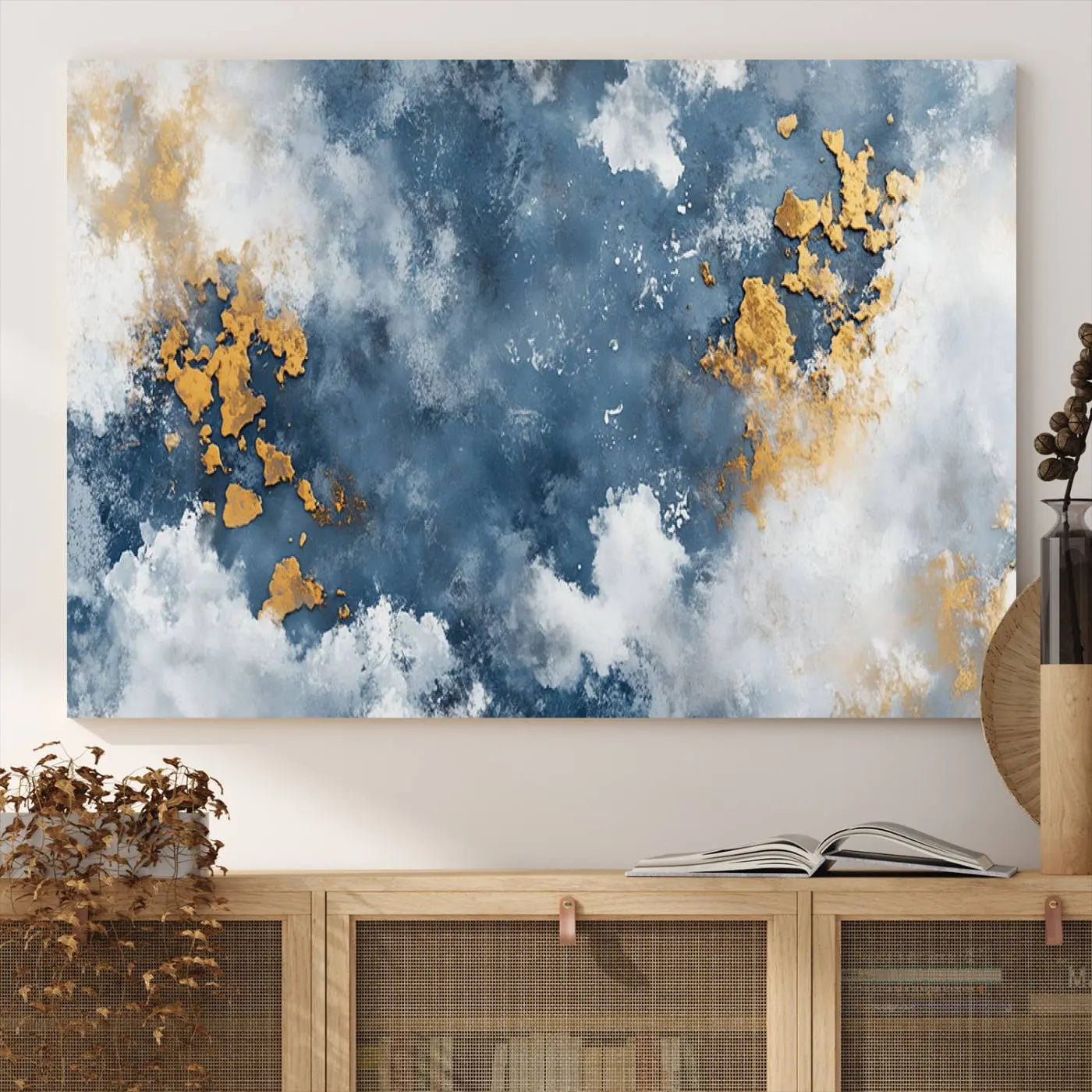 39575-MGV-CV-36X24-Abstract Blue Gold Cloud Wall Art Canvas Print – Framed Modern Elegant Minimalist Artwork for Home, Office Decor