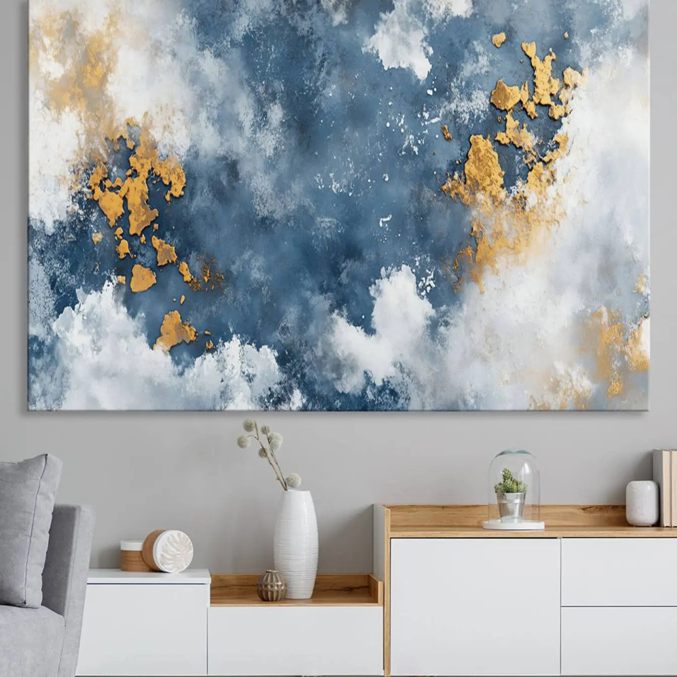 39575-MGV-CV-36X24-Abstract Blue Gold Cloud Wall Art Canvas Print – Framed Modern Elegant Minimalist Artwork for Home, Office Decor