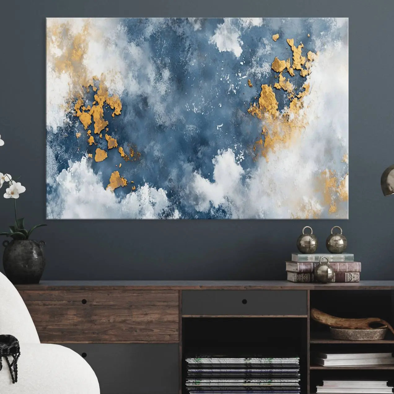 39575-MGV-CV-36X24-Abstract Blue Gold Cloud Wall Art Canvas Print – Framed Modern Elegant Minimalist Artwork for Home, Office Decor