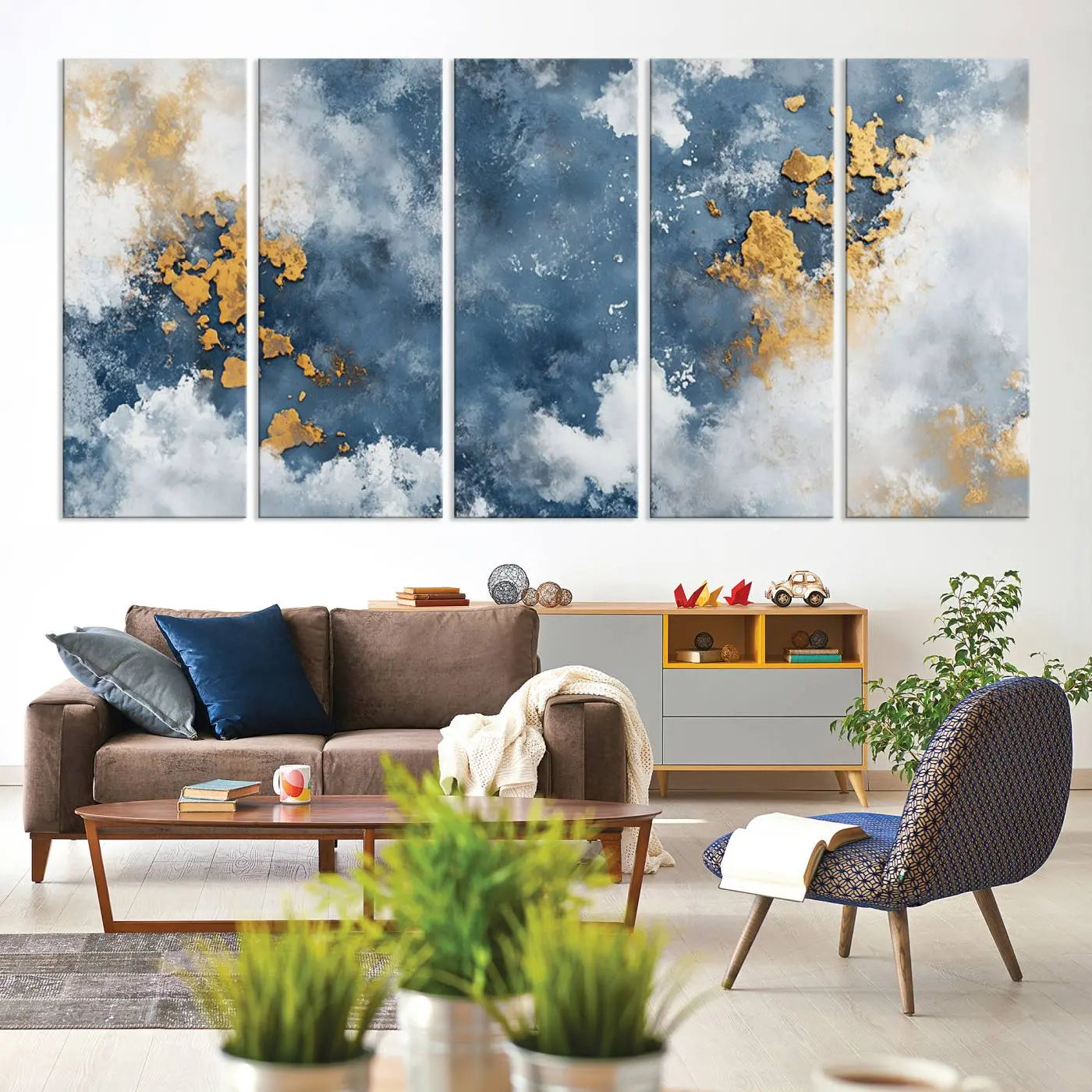 39575-MGV-CV-60X31-5P-Abstract Blue and Gold Cloud Canvas Wall Art Print - Framed Modern Painting - Elegant Minimalist