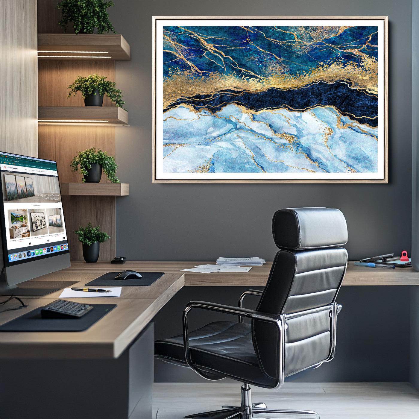 52988-MGC-FP-36x24_Natural-Abstract Blue and Gold Marble Canvas Print | 3-Panel Art for Living Room | Large Wall Decor