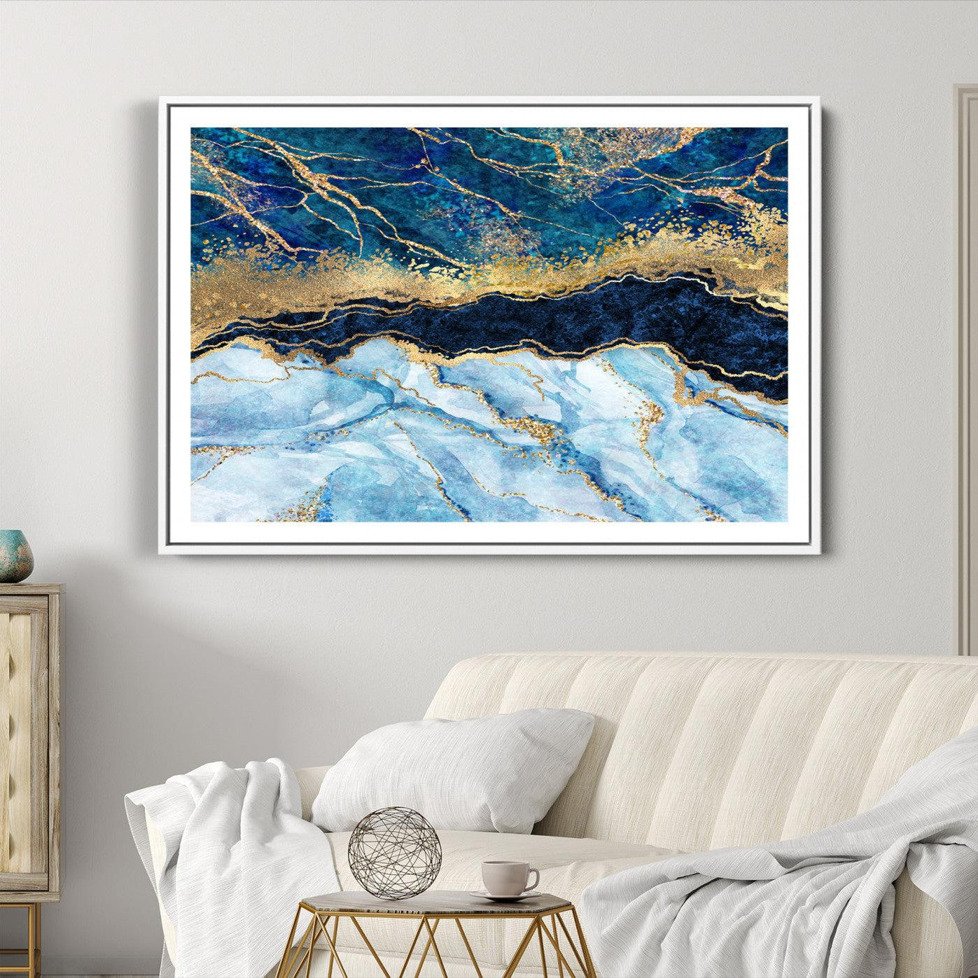 52988-MGC-FP-36x24_White-Abstract Blue and Gold Marble Canvas Print | 3-Panel Art for Living Room | Large Wall Decor