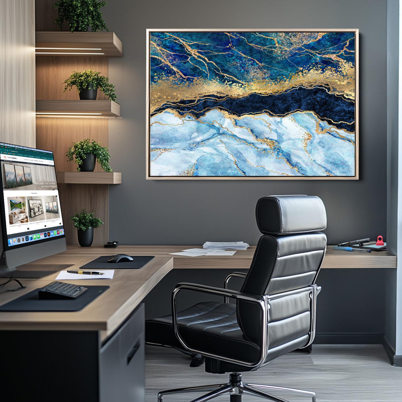 52988-MGV-CV-36X24-Abstract Blue and Gold Marble Canvas Print | 3-Panel Art for Living Room | Large Wall Decor