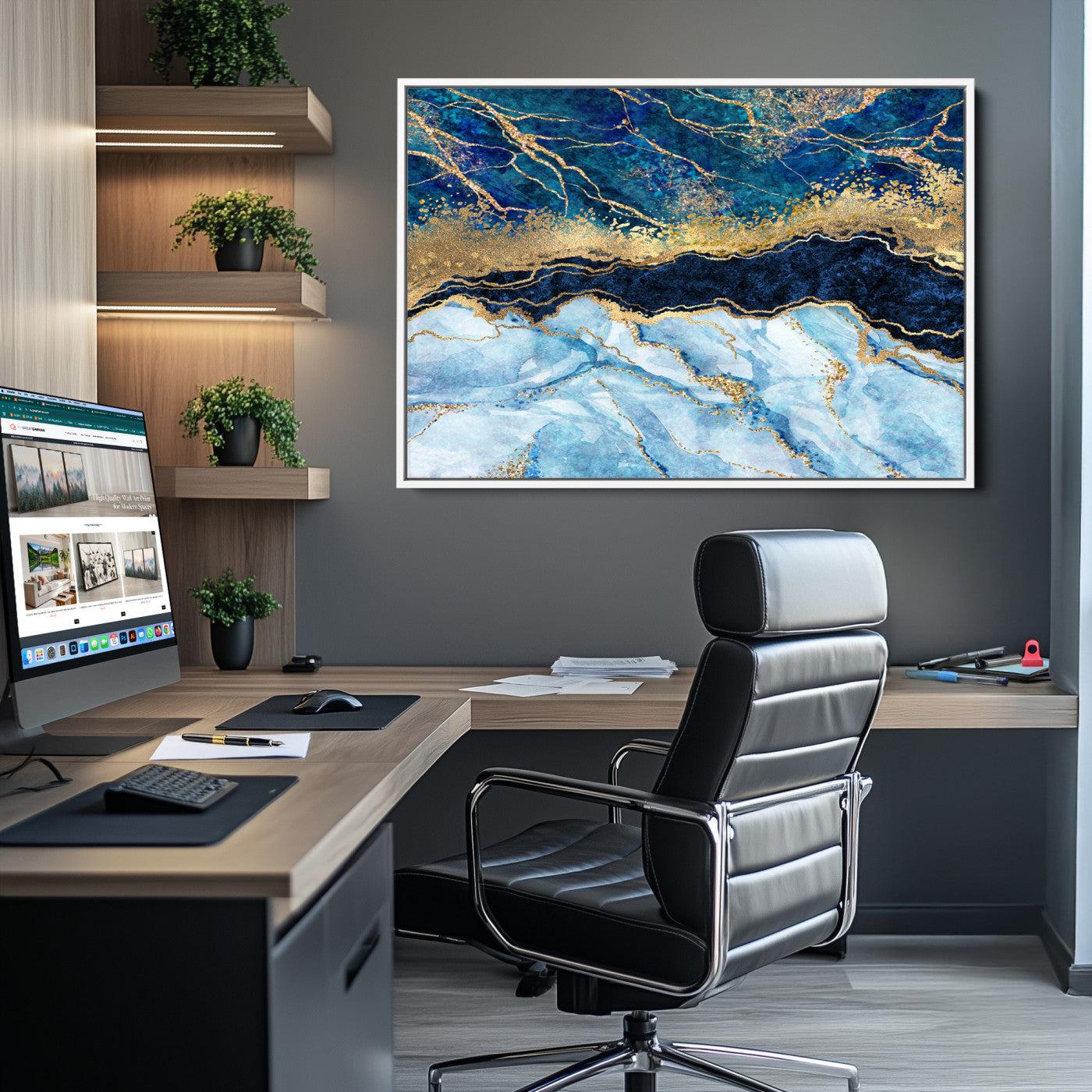 52988-MGV-CV-36X24-Abstract Blue and Gold Marble Canvas Print | 3-Panel Art for Living Room | Large Wall Decor