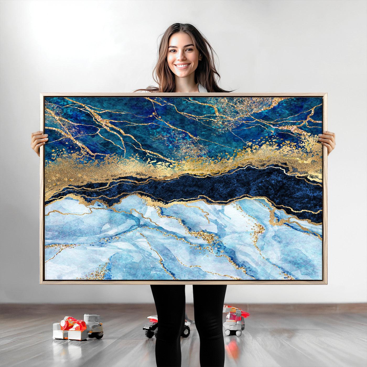 52988-MGV-CV-36X24-Abstract Blue and Gold Marble Canvas Print | 3-Panel Art for Living Room | Large Wall Decor