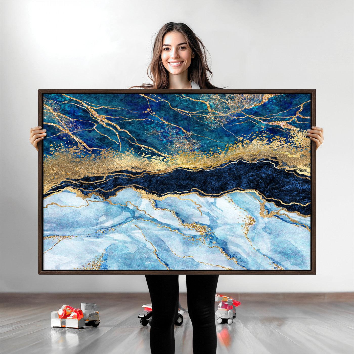 52988-MGV-CV-36X24-Abstract Blue and Gold Marble Canvas Print | 3-Panel Art for Living Room | Large Wall Decor