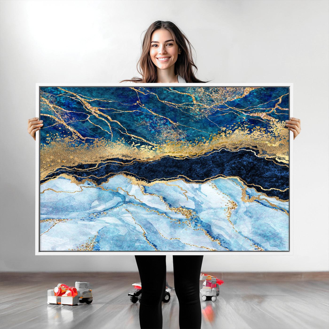 52988-MGV-CV-36X24-Abstract Blue and Gold Marble Canvas Print | 3-Panel Art for Living Room | Large Wall Decor
