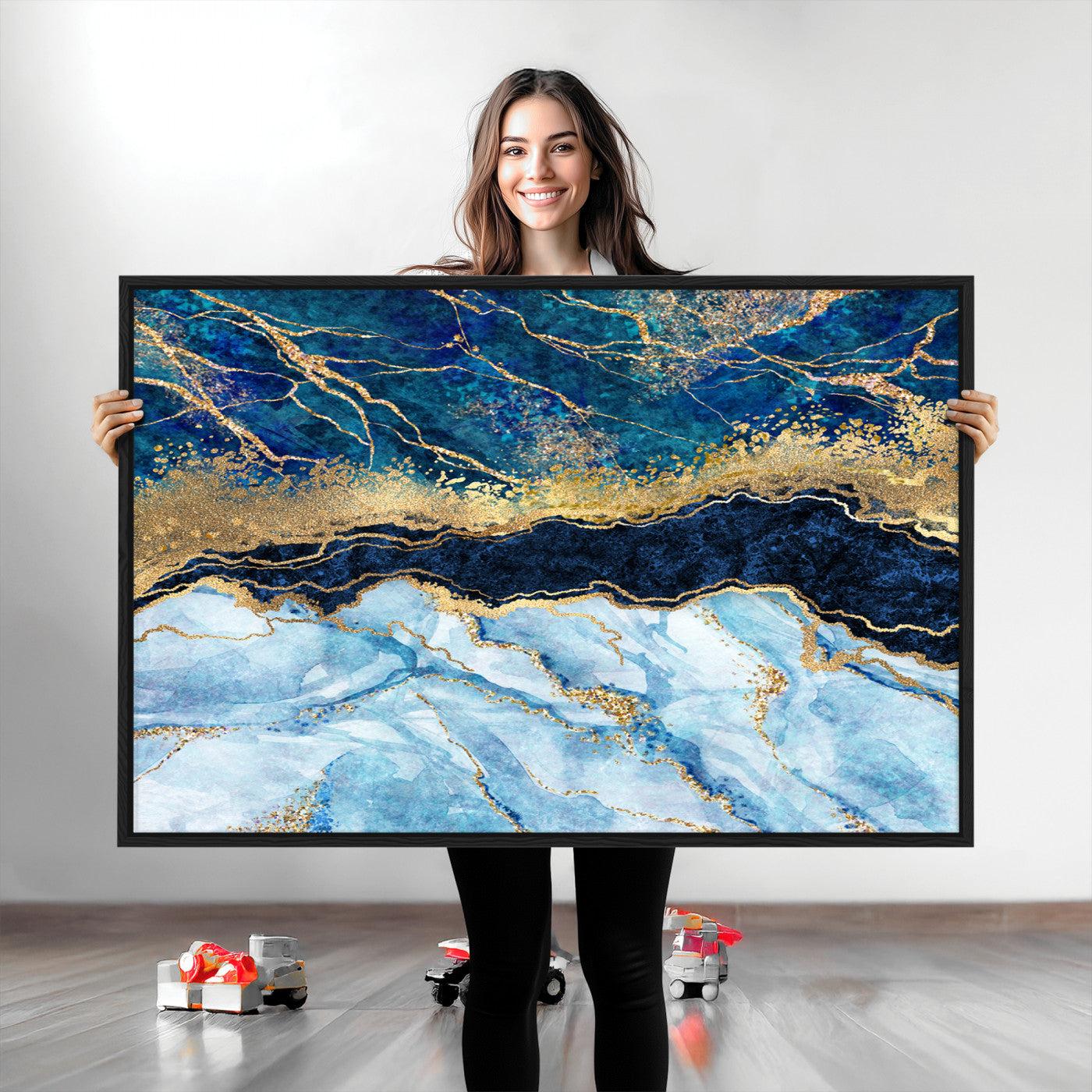 52988-MGV-CV-36X24-Abstract Blue and Gold Marble Canvas Print | 3-Panel Art for Living Room | Large Wall Decor