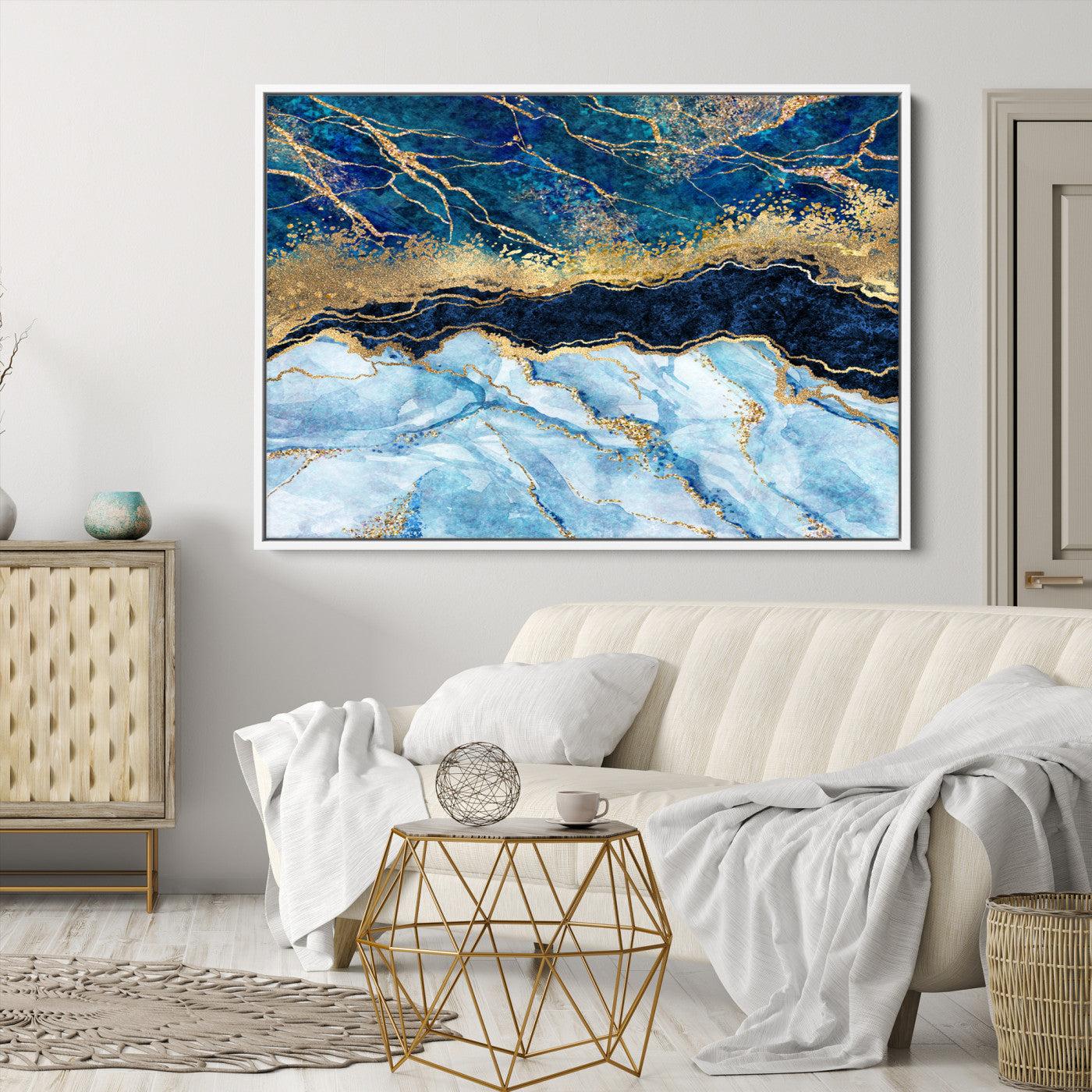 52988-MGV-CV-36X24-Abstract Blue and Gold Marble Canvas Print | 3-Panel Art for Living Room | Large Wall Decor