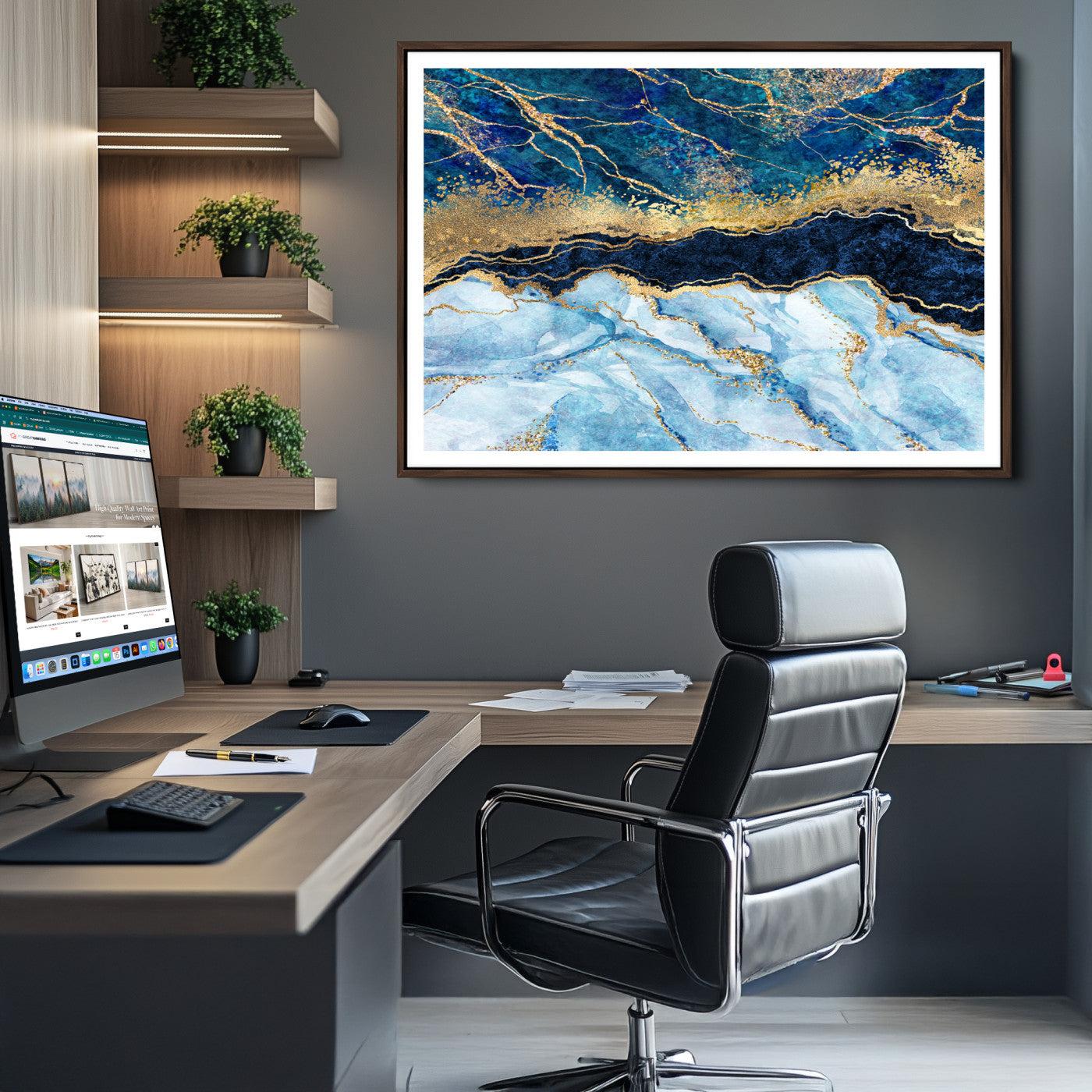 52988-MGV-CV-36X24-Abstract Blue and Gold Marble Canvas Print | 3-Panel Art for Living Room | Large Wall Decor