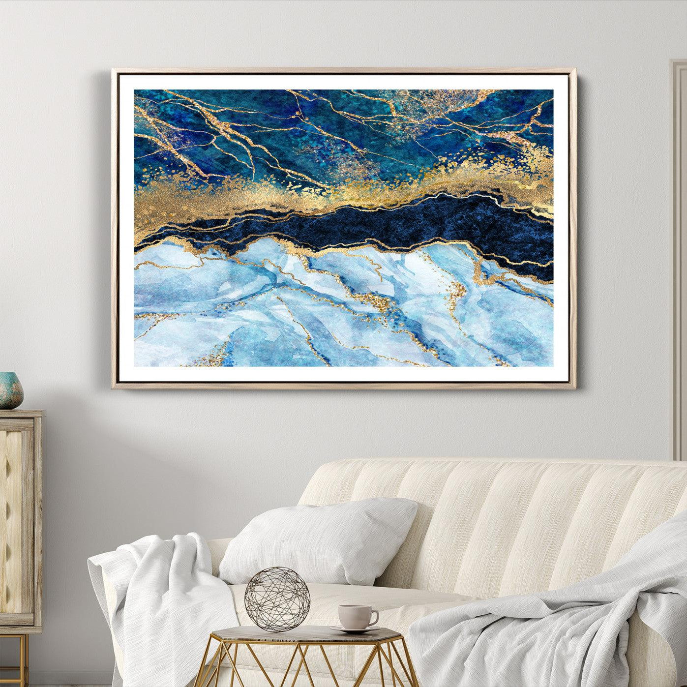 52988-MGV-CV-36X24-Abstract Blue and Gold Marble Canvas Print | 3-Panel Art for Living Room | Large Wall Decor