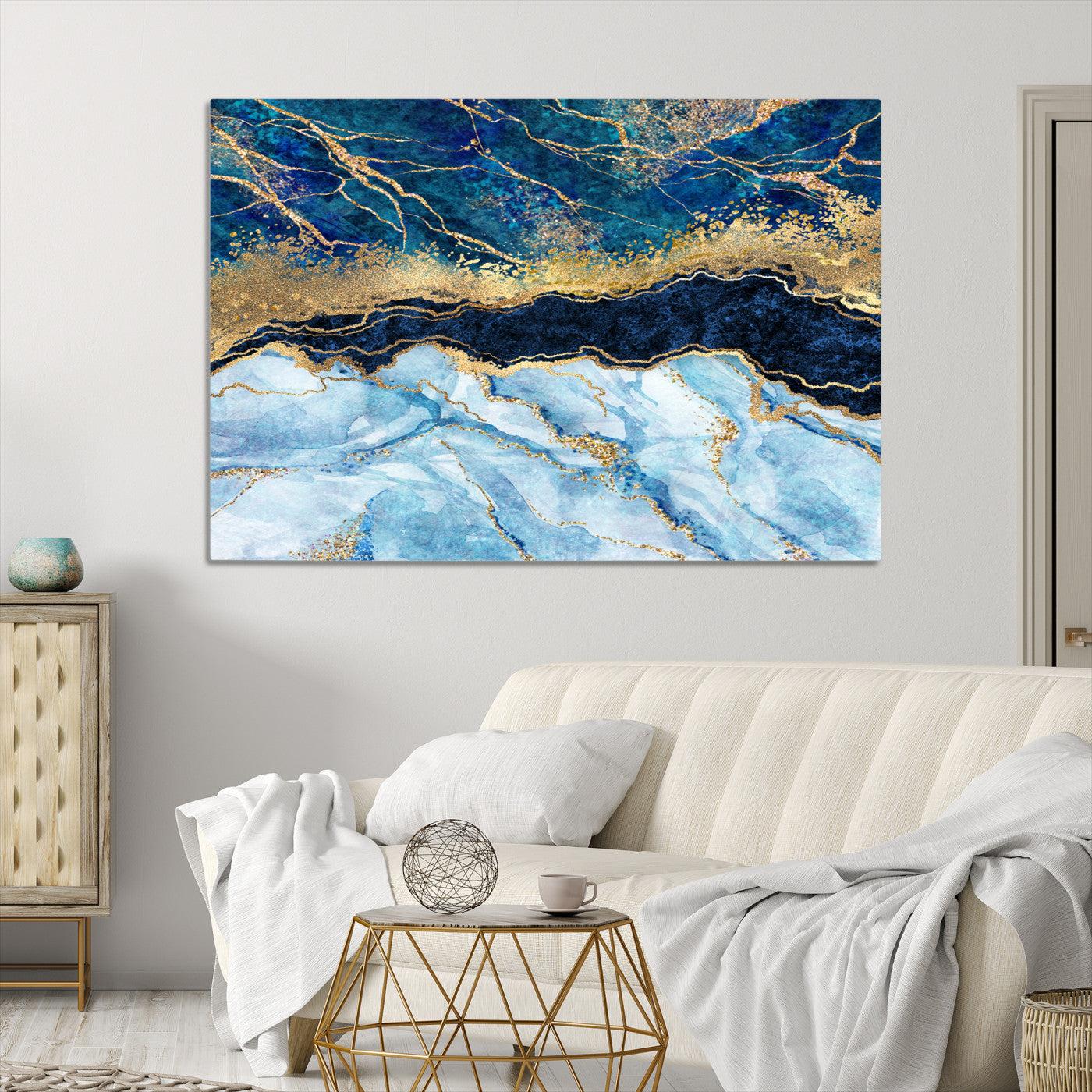52988-MGV-CV-36X24-Abstract Blue and Gold Marble Canvas Print | 3-Panel Art for Living Room | Large Wall Decor