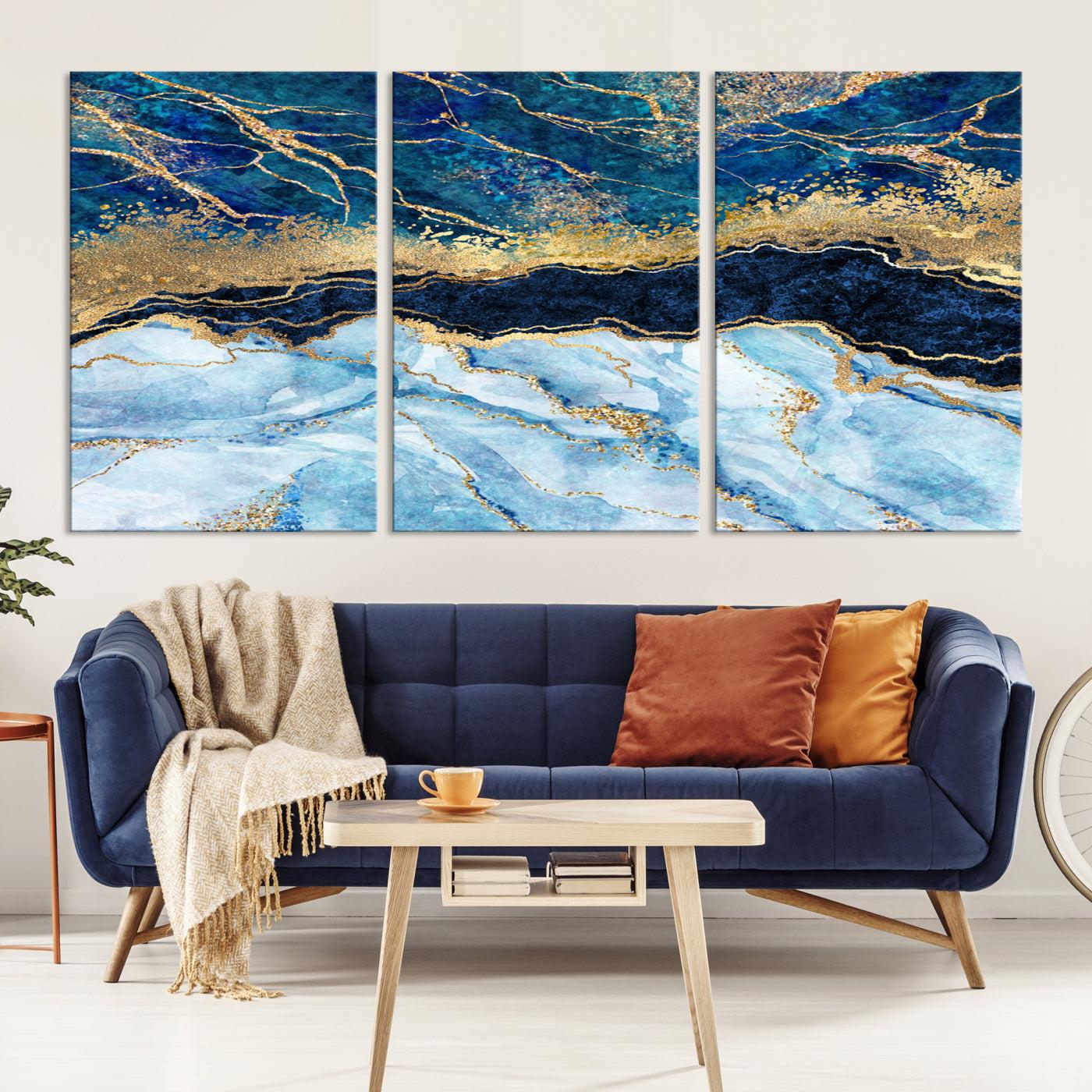 52988-MGV-CV-36X24-Abstract Blue and Gold Marble Canvas Print | 3-Panel Art for Living Room | Large Wall Decor