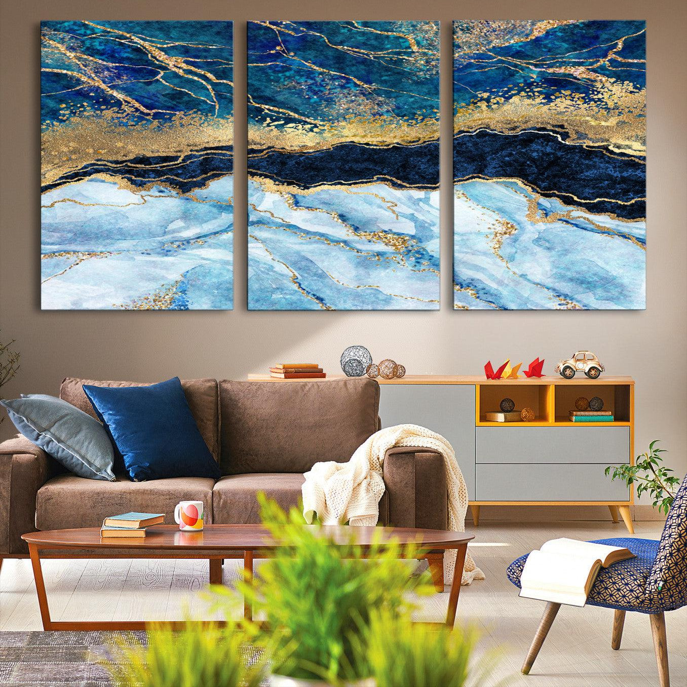 52988-MGV-CV-36X24-Abstract Blue and Gold Marble Canvas Print | 3-Panel Art for Living Room | Large Wall Decor