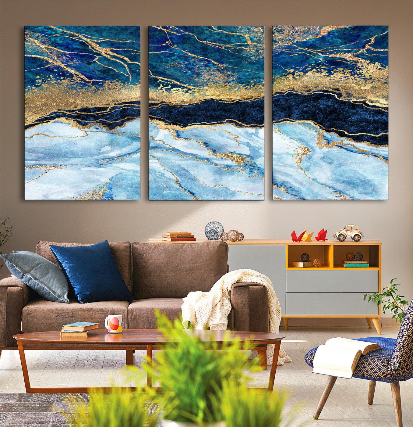 52988-MGV-CV-36X24-Abstract Blue and Gold Marble Canvas Print | 3-Panel Art for Living Room | Large Wall Decor