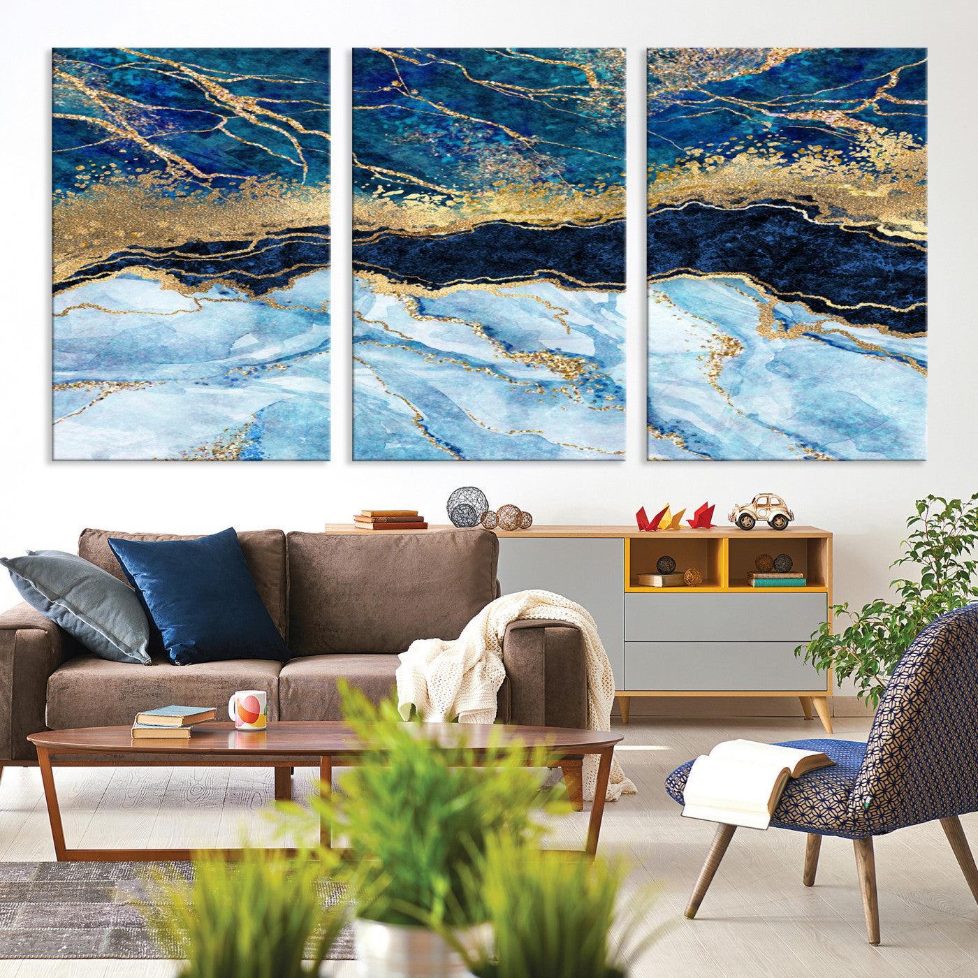 52988-MGV-CV-36X24-Abstract Blue and Gold Marble Canvas Print | 3-Panel Art for Living Room | Large Wall Decor
