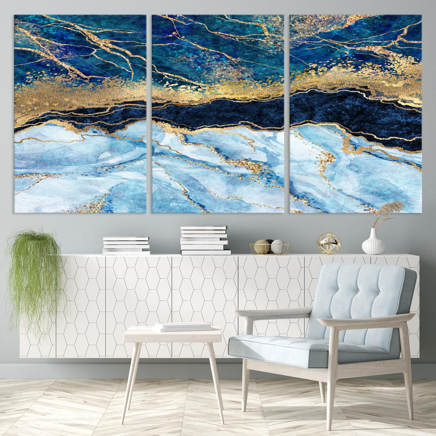 52988-MGV-CV-36X24-Abstract Blue and Gold Marble Canvas Print | 3-Panel Art for Living Room | Large Wall Decor