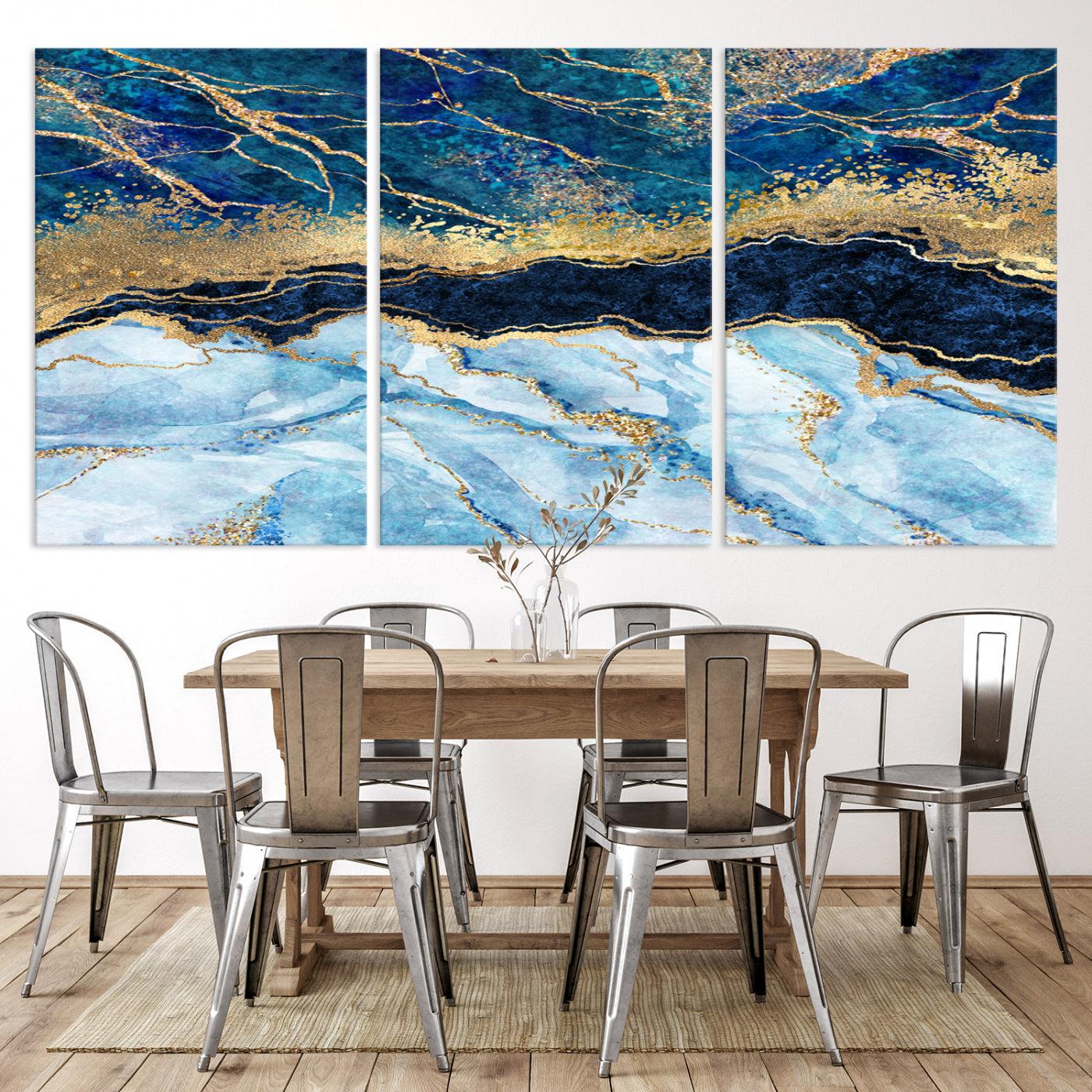 52988-MGV-CV-36X24-Abstract Blue and Gold Marble Canvas Print | 3-Panel Art for Living Room | Large Wall Decor