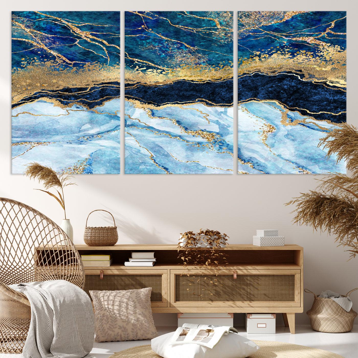 52988-MGV-CV-36X24-Abstract Blue and Gold Marble Canvas Print | 3-Panel Art for Living Room | Large Wall Decor